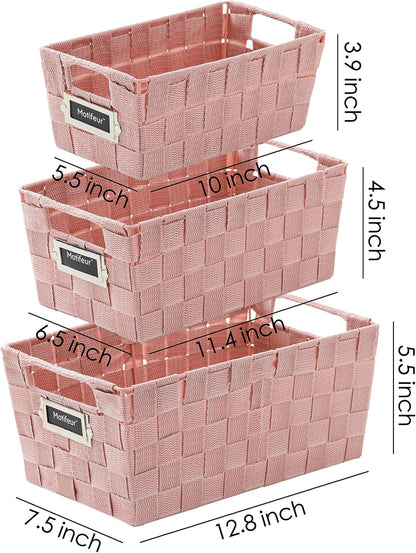 Decorative Woven Strap Set of 3 Nesting Baskets with Cutout Handles and Labels, Bathroom Countertop Storage Bins, Handmade Organization Containers for Home Shelves, Closets and Pantry (Pink)