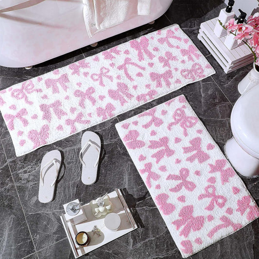 Duraaamo 2 Pcs Pink Bow Bathroom Rugs Non Slip Coquette Bow Bath Mat Aesthetic Decor Soft and Absorbent Microfiber Bath Rugs for Shower Floor Bathroom Decor Runner