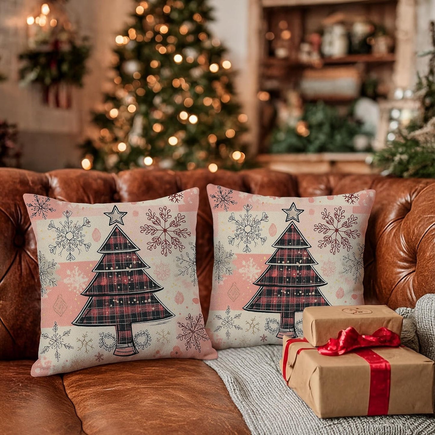 Christmas Throw Pillow Covers Set of 2, Peach Snowflake and Tree Decorative Cushion Cases, Holiday Farmhouse Decor for Home Sofa Bed Couch 12x12 Inch