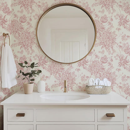 RollsRolla Pink Floral Toile Peel and Stick Wallpaper - Chinoiserie & French Country Design for Living Room, Bedroom and Bathroom - Renter-Friendly Temporary Wallpaper for Apartment