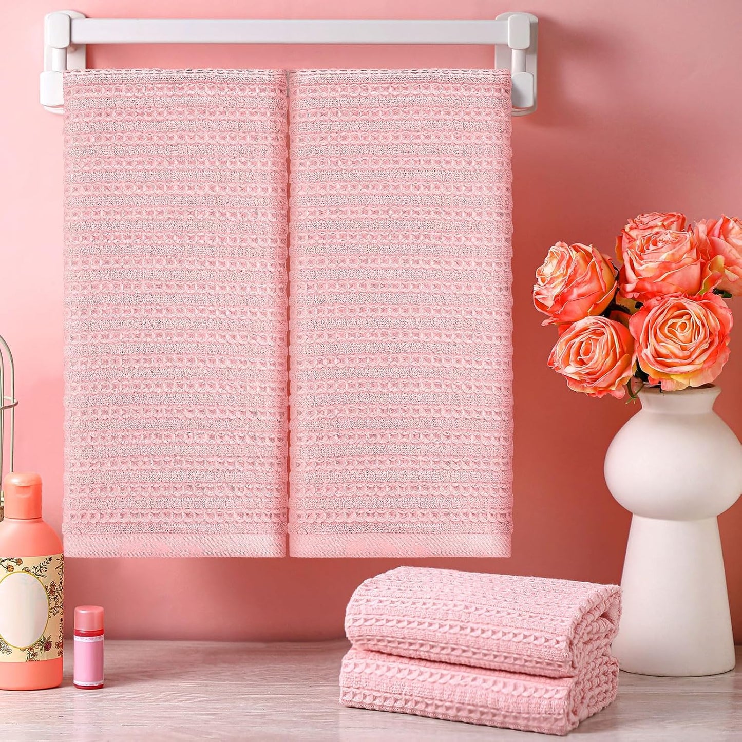Mindsoft 4 Pack Pink Hand Towels Waffle Striped Pattern 100% Cotton Soft Hand Towels for Bathroom 13 x 29 Inch Absorbent Waffle Washcloths for Bathroom Kitchen