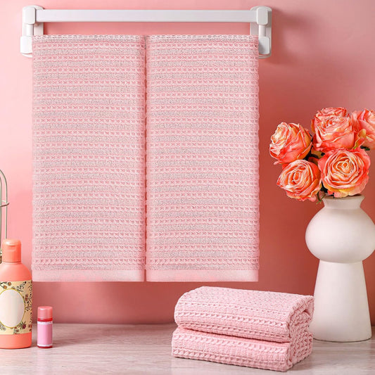 Mindsoft 4 Pack Pink Hand Towels Waffle Striped Pattern 100% Cotton Soft Hand Towels for Bathroom 13 x 29 Inch Absorbent Waffle Washcloths for Bathroom Kitchen