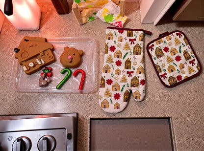 Holiday Kitchen Dish Towel and Pot Holders – Set of 3 100% Cotton Pink Gingerbread Houses, Trees, and Poinsettia Design – One (1) Kitchen Towel, One (1) Oven Mitt, and One (1) Pot Holder