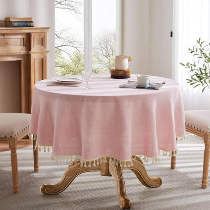 Tassel Linen Round Table Cloth, Pink 60 Inch | Tassel Trimmed, Sleek Draping, Cotton Blend, Water Stain Resistant Dining Tablecloths, Washable Farmhouse Table Cover