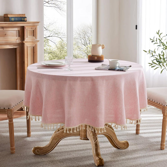 Tassel Linen Round Table Cloth, Pink 60 Inch | Tassel Trimmed, Sleek Draping, Cotton Blend, Water Stain Resistant Dining Tablecloths, Washable Farmhouse Table Cover