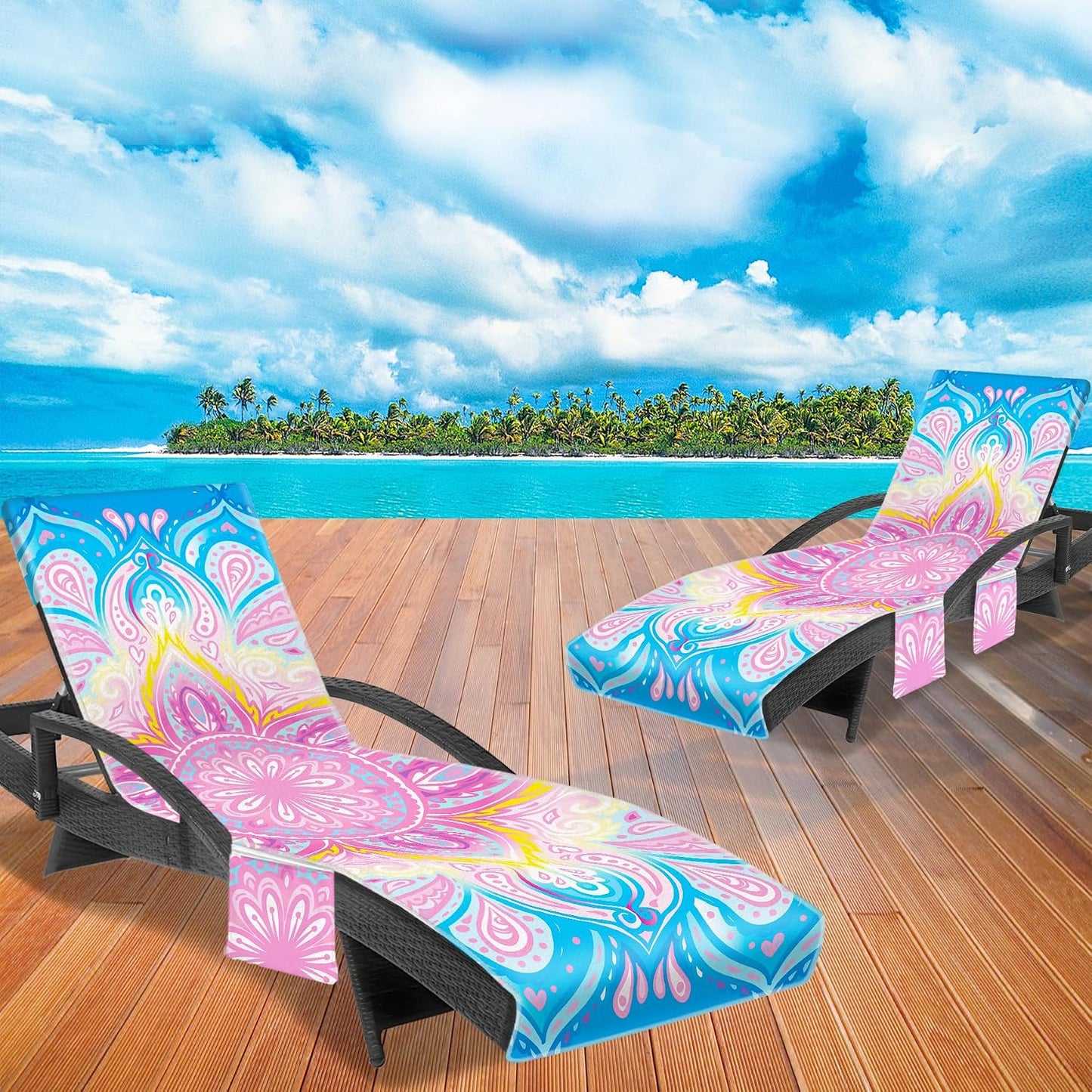Lounge Chair Towel Cover, Chaise Lounge Cover (Pack of 2), Beach Chair Covers with 3 Pockets for Trips Beach Pool Garden Sunbathing Courtyard, 85 x30 in, Mandala Style Pink Blue