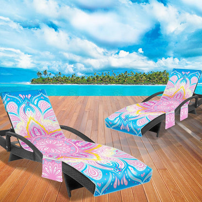 Lounge Chair Towel Cover, Chaise Lounge Cover (Pack of 2), Beach Chair Covers with 3 Pockets for Trips Beach Pool Garden Sunbathing Courtyard, 85 x30 in, Mandala Style Pink Blue