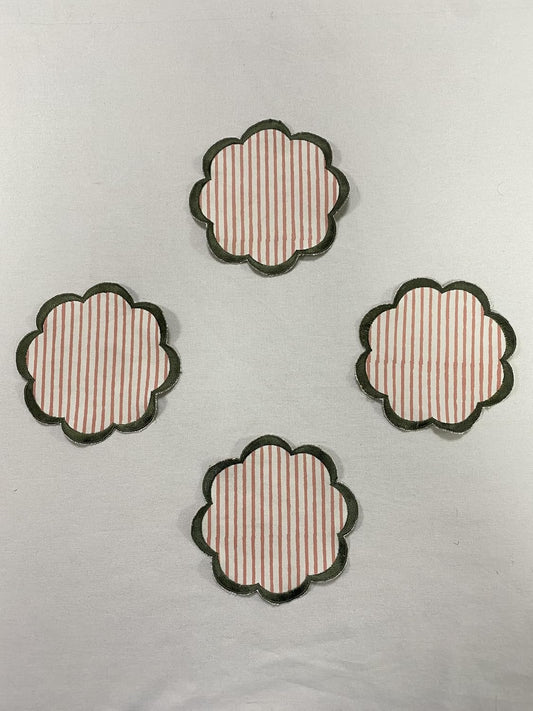 Ridhi Hand Block Print 8- pcs Canvas Cotton Drink Absorbent Stylish Embroidery Scallop Coaster Set Boho Modern Home Decor and Wooden Table Protection 5 inch Pink Stripe