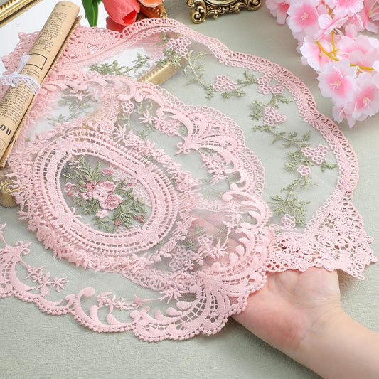 2 Pcs Retro Lace Placemats 12''x16'' Lace Doilies for Tables French Crochet Doilies Pink Oval Place Mats Cup Mat Handmade Embroidered Table Mats for Wedding Home Decor