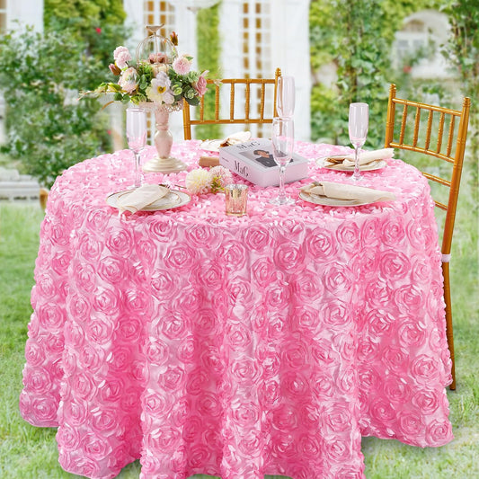 QueenDream Round Tablecloth 60 inch Pink 3D Floral Table Cloth Satin Overlay Rosette Tablecloth for Wedding Baby Shower Birthday Tea Party Dessert Table Decorations