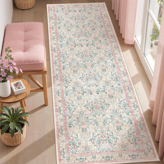 2x6 Runner Rug, Pink Floral Rug for Entryway, Moynesa Washable Kitchen Rugs with Rubber Backing, Thin Soft Botanical Runners for Hallways, Kids Room, Playroom, Nursery(2'x6', Pink)