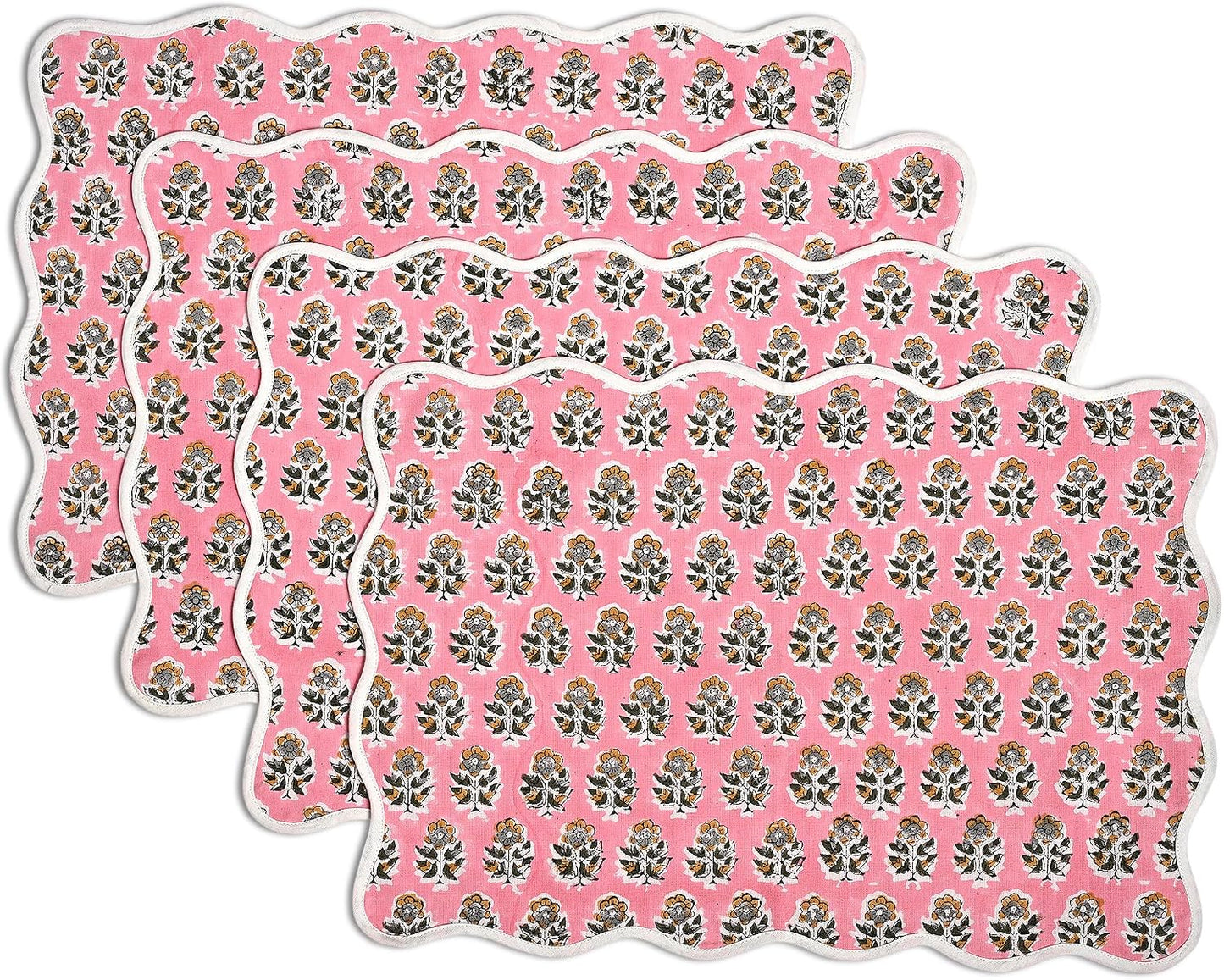 CPC Cotton Placemats Poopy Pink Set of 4-Hand Block Printed Reversible Placemats, Flower Scalloped & Embroidered Cloth Table Mats - 14 x 20 inch Gift for Spring, Mother's Day
