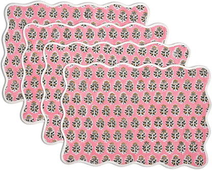 CPC Cotton Placemats Poopy Pink Set of 4-Hand Block Printed Reversible Placemats, Flower Scalloped & Embroidered Cloth Table Mats - 14 x 20 inch Gift for Spring, Mother's Day