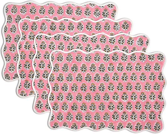 CPC Cotton Placemats Poopy Pink Set of 4-Hand Block Printed Reversible Placemats, Flower Scalloped & Embroidered Cloth Table Mats - 14 x 20 inch Gift for Spring, Mother's Day