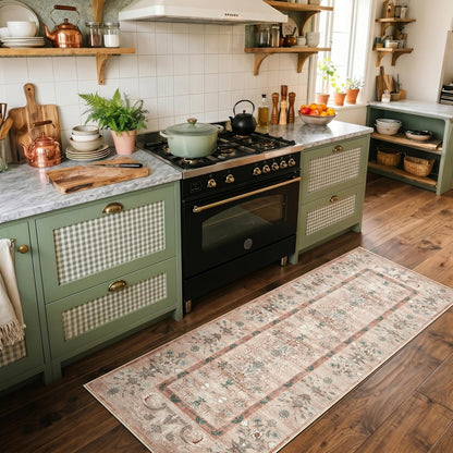 jinchan Runner Rug 2x5 Kitchen Washable Rug, Vintage Floral Carpet Hallway Mat with Non Slip, Runner Rugs Low-Pile Carpet for Bedroom Bathroom Laundry Room Living Room (Dusty Pink)
