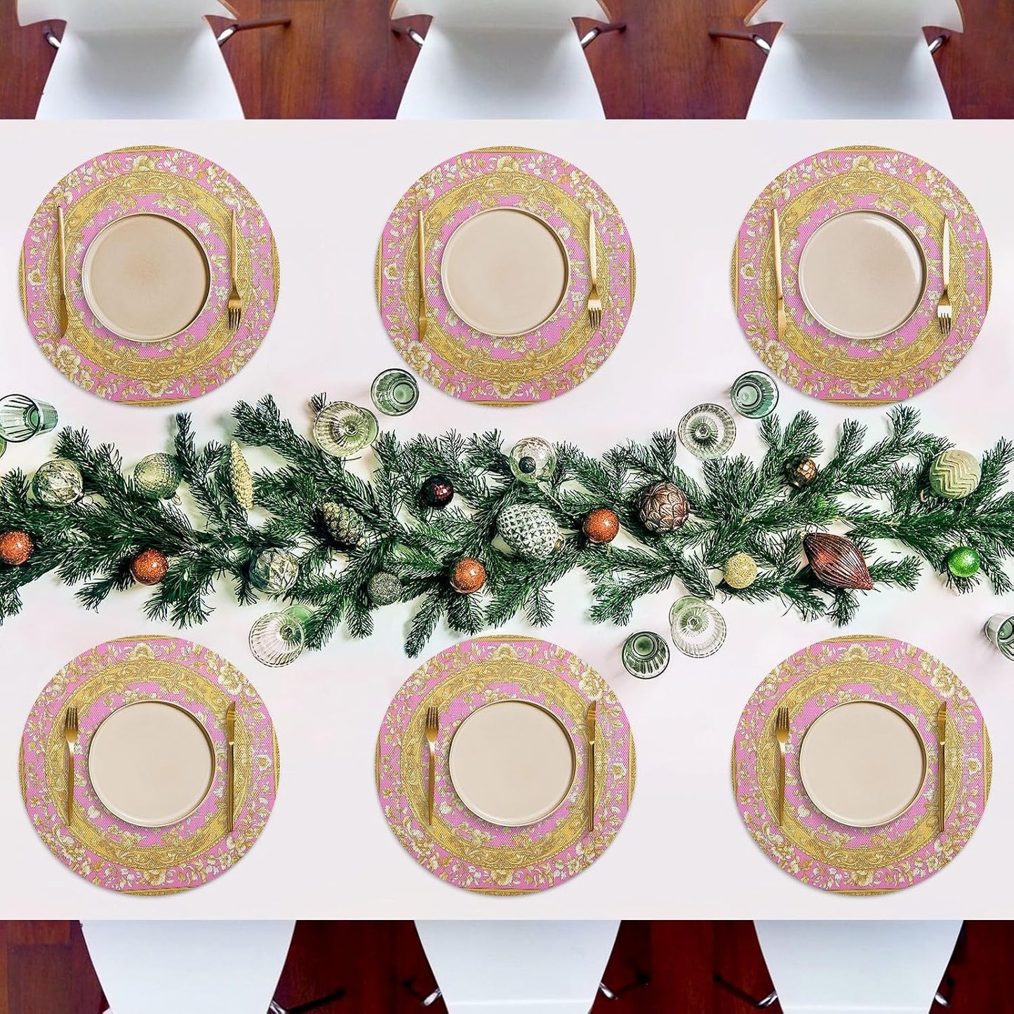 Retro Flower Pattern Gold and Peach Fabric placemats Round Reusable Chalkboard placemats placemat Washable Solid placemats for Dining Table Waterproof placemats for Kitchen Table 6 Place mats