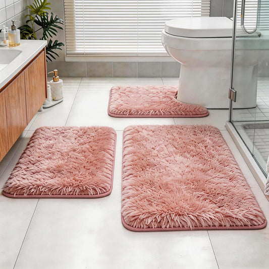 Shaggy Bathroom Rugs Set Plush Velvet Bath Rugs Non-Slip Bath Mat Set 3 Piece,Washable Mats,Absorbent Shaggy Rugs Super Soft U-Shaped Toilet Rug,Bahroom Carpets for Bathroom,Tub,Shower(Light Pink