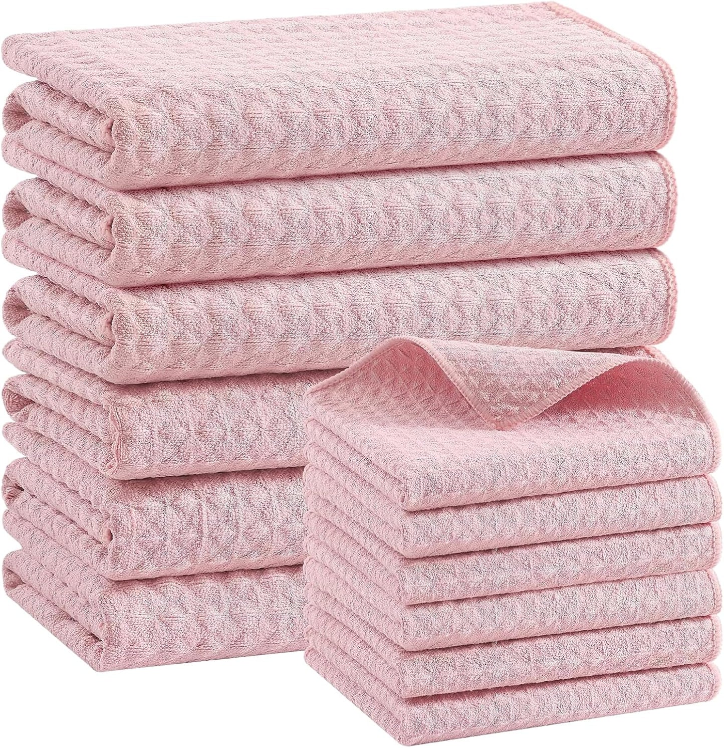 Homaxy Microfiber Waffle Weave Kitchen Towels Set, 16 x 28 Inch and 12 x 12 Inch Ultra Absorbent and Solid Color Dish Towels, 12 Pack, Pink
