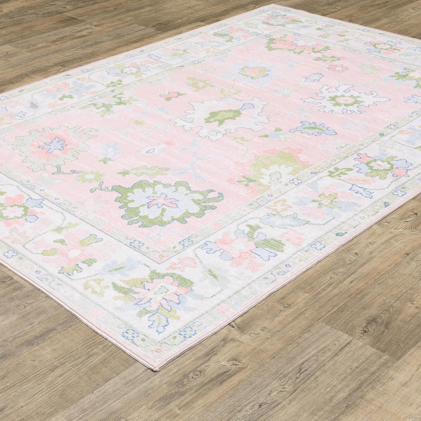 Oriental Weavers Addison ADD04 Machine Washable Flat Weave Printed Area Rug 5' x 7' in Pink/Green Traditional Style, Nursery, Kids Room, Bedroom, Entryway