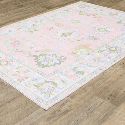Oriental Weavers Addison ADD04 Machine Washable Flat Weave Printed Area Rug 5' x 7' in Pink/Green Traditional Style, Nursery, Kids Room, Bedroom, Entryway