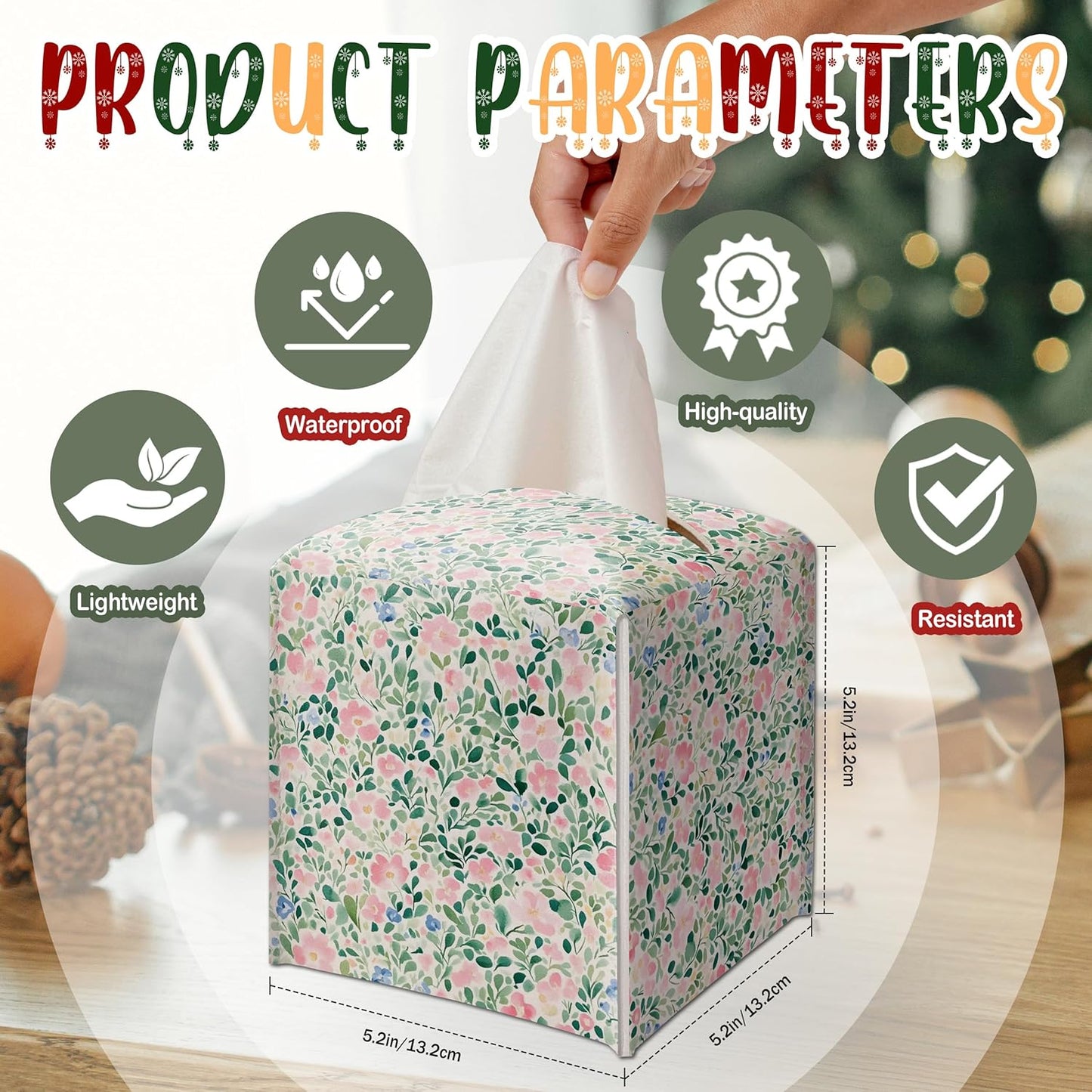 Modern Square Leather Tissue Box Cover/Case Holder Gifts for Women Family and Friends, Decorative Holder/Organizer for Bathroom Kitchen Nightstand Office Home (Pink Pastel Floral)