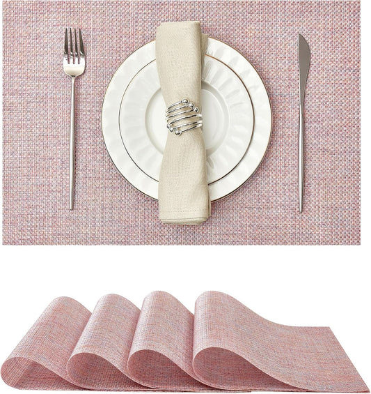 Leetaltree Sparkling Pink Iridescent Vinyl Woven Placemats, Set of 4, Waterproof Washable Dining Table Mats for Wedding, Anniversary, Daily Use & Decor