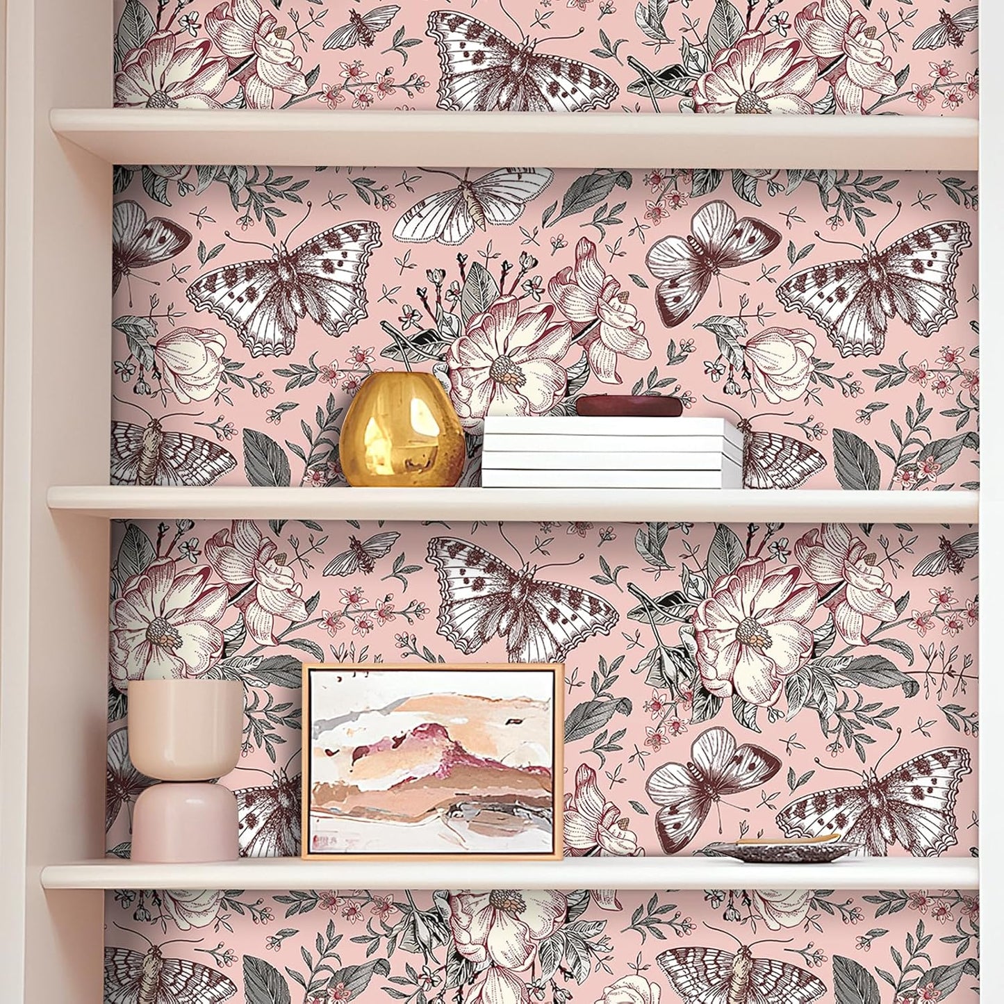 FunStick Pink Floral Wallpaper Peel and Stick Botanical Garden Wildflower Butterfly Wall Paper for Girls Bedroom Nursery Removable Pink Butterflies Floral Contact Paper for Walls Cabinets 17.5"x118"