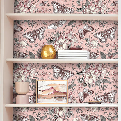 FunStick Pink Floral Wallpaper Peel and Stick Botanical Garden Wildflower Butterfly Wall Paper for Girls Bedroom Nursery Removable Pink Butterflies Floral Contact Paper for Walls Cabinets 17.5"x118"