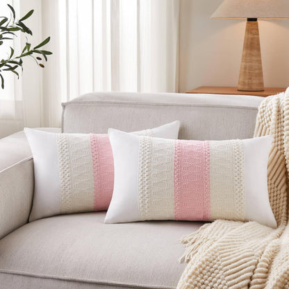 Soft Cotton Boho Lumbar Throw Pillow Covers Set of 2, Natural White/Contrast Light Pink 12x20 Inch, Light Pink Farmhouse Decorative Cushion Covers for Sofa Bed Living Room Home Decor