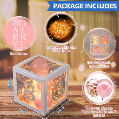Baby Shower Balloon Box Decorations, 4 Pcs Baby Blocks Transparent Balloon Boxes with “BABY GIRL” Letters, 4 Pack Led Fairy String Lights and 40 Pcs Latex Balloons for Gender Reveal Backdrop(Pink)