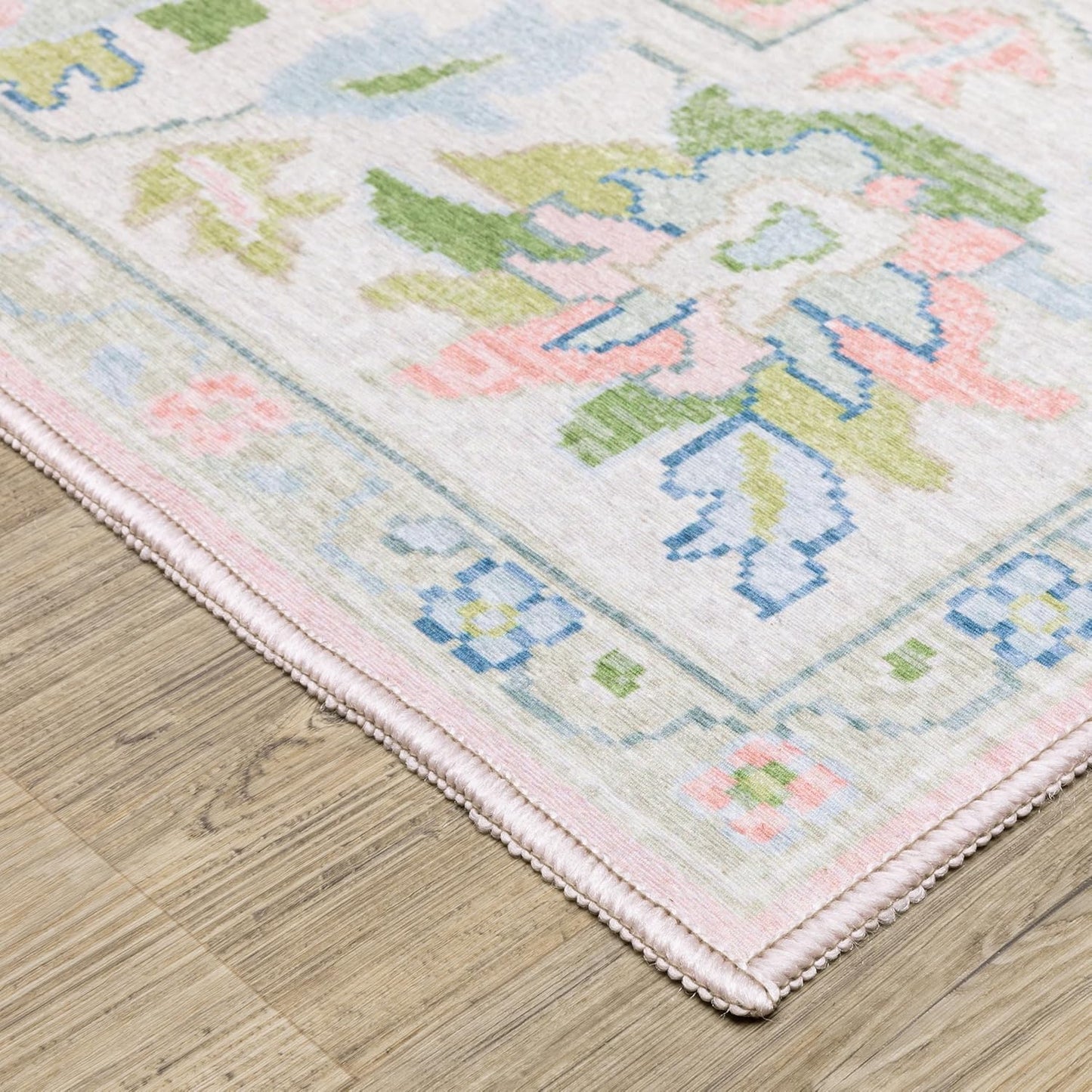 Oriental Weavers Addison ADD04 Machine Washable Flat Weave Printed Area Rug 5' x 7' in Pink/Green Traditional Style, Nursery, Kids Room, Bedroom, Entryway