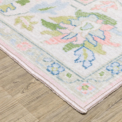 Oriental Weavers Addison ADD04 Machine Washable Flat Weave Printed Area Rug 5' x 7' in Pink/Green Traditional Style, Nursery, Kids Room, Bedroom, Entryway
