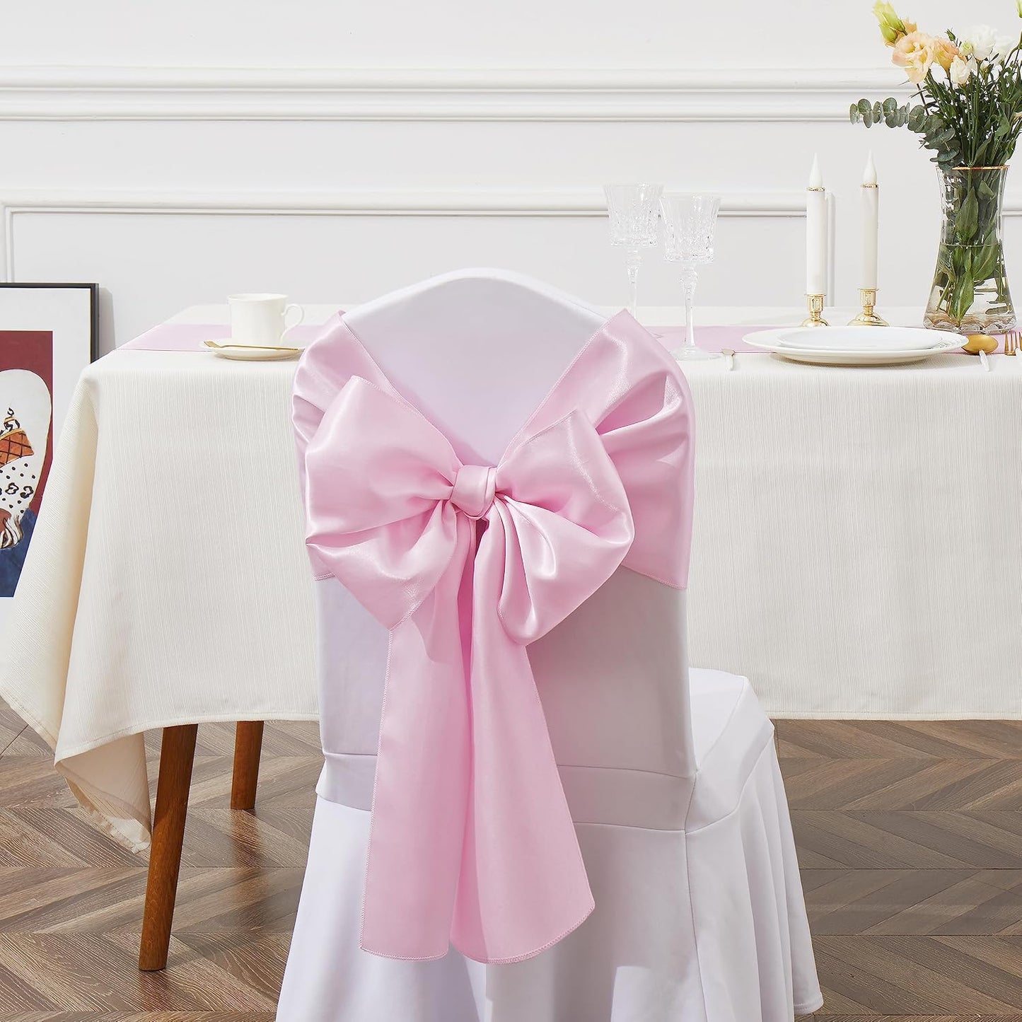 10 Pcs Pink Satin Chair Sashes Bows Universal Chair Cover for Wedding Reception Events Banquets Party, Hotel Event Decorations, 6 x 108 inch