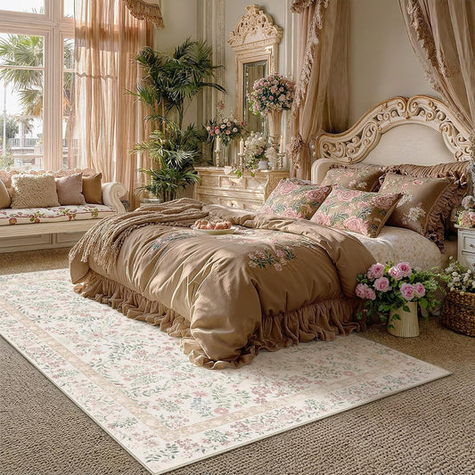 PureCozy 5x7 Pink Area Rug for Living Room Bedroom Washable Vintage Floral Carpet Low Pile Non Slip Botanical Aesthetic Dining Room Soft Accent Throw Rug Nursery Office Indoor