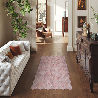 Moroccan 3x5 Area Rug, Unique Scalloped Ultra-Thin Soft Washable Rug, Non-Slip Stain Resistant Lightweight Low-Pile Carpet for Living Room Bedroom Dining Room Office (Pink)
