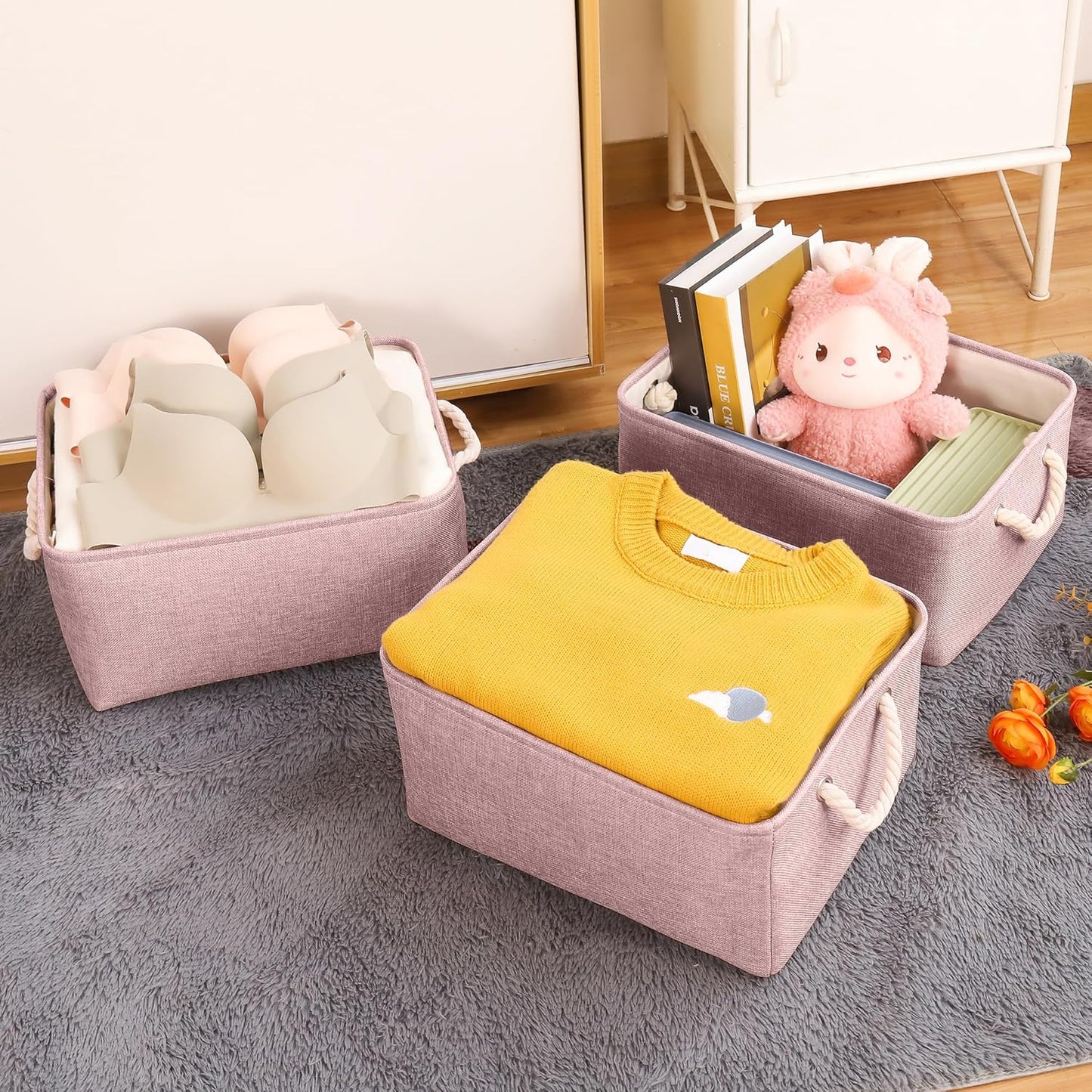 Storage Bins with Sturdy Cotton Handles(1 Pack), Fabric Storage Baskets for Organizing use for Office & Home, Book, Clothes, Toys, Closet Boxes (Small, Pink, 12.2x8.3x6.3 inches)