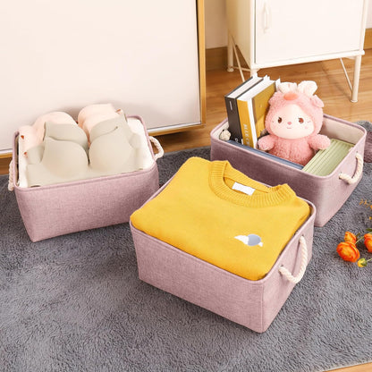 Storage Bins with Sturdy Cotton Handles(1 Pack), Fabric Storage Baskets for Organizing use for Office & Home, Book, Clothes, Toys, Closet Boxes (Small, Pink, 12.2x8.3x6.3 inches)