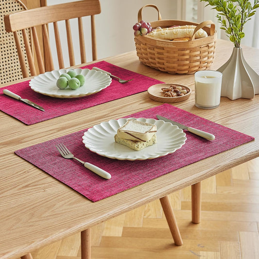 Softalker Faux Linen Placemats Set of 8-12 x 18 Inch, Heat Resistant Double Layered Durable Burlap Farmhouse Place Mats, Non-Slip Washable Rustic Table Mats for Dining, Kitchen, Party（Pink