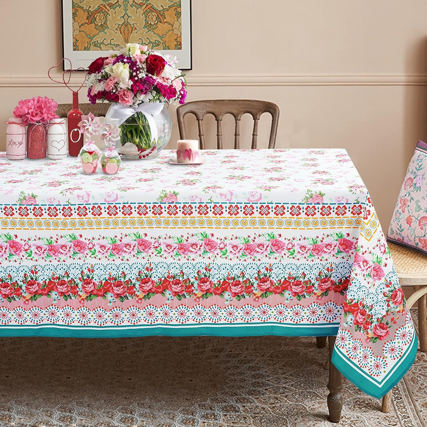 Rectangle Tablecloth - 60 x 102 Inch Pink Pioneer Design Rustic Tablecloth Classic French Country Printed Table Cover Farmhouse Decoration, Suitable for Home, Kitchen Dining