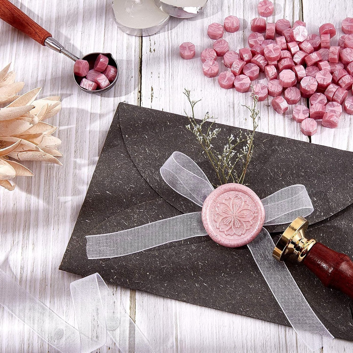 CRASPIRE Cherry Flower Wax Seal Stamp Set + 200pcs Pink Sealing Wax Beads + Melting Spoon + 3pcs Candles for Wedding Invitations Envelops Cards Gift Letter Wrapping Wine Packages