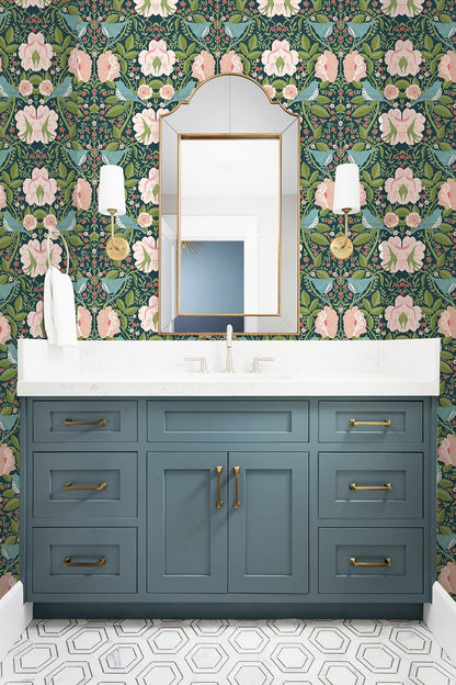 HAOKHOME Floral Peel and Stick Wallpaper Floral Bird Strawberry Green/Pink/Blue Removable Paper for Bathroom Bedroom Decor 17.3in x 9.8ft