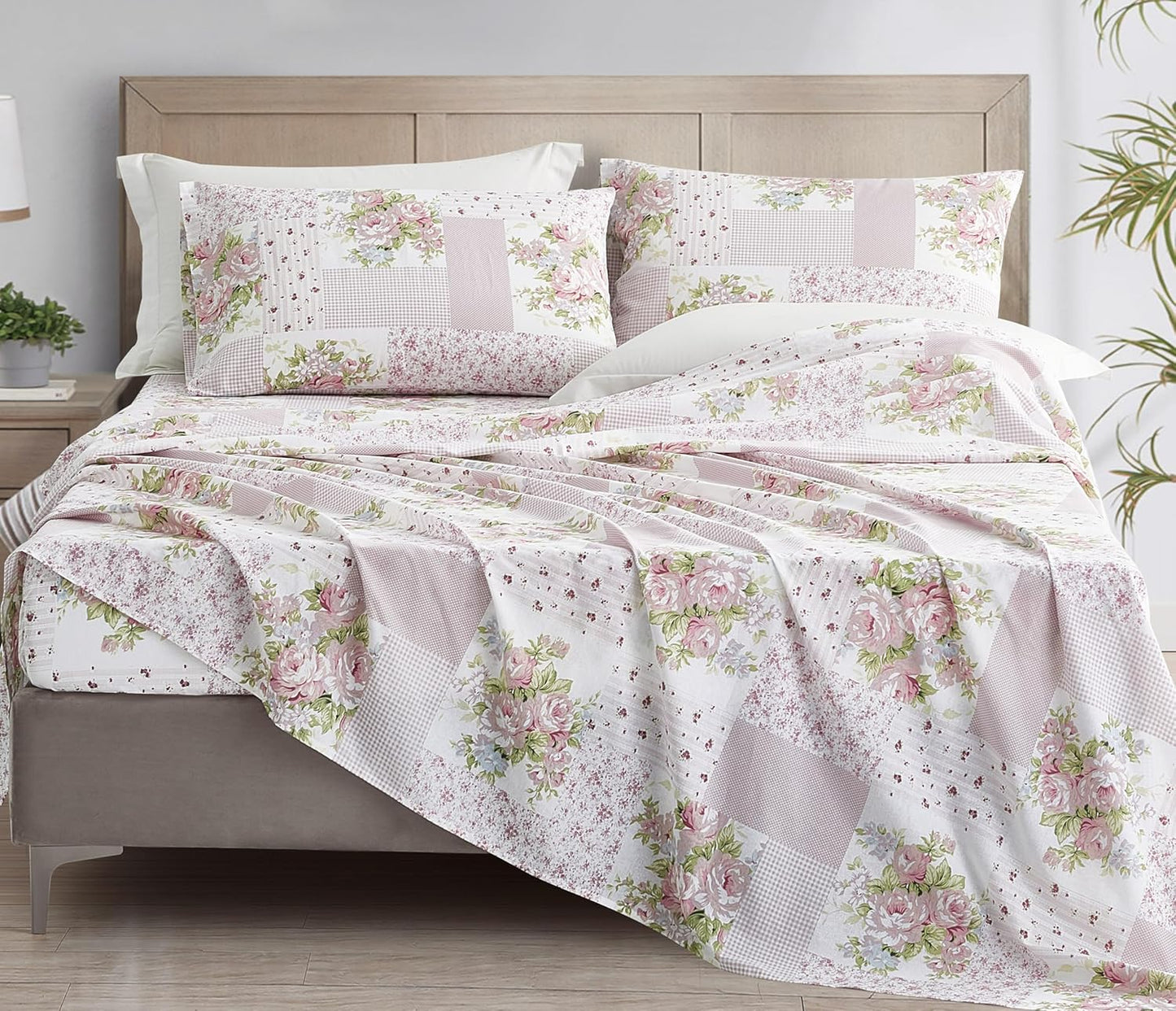 Chezmoi Collection Rosy 4-Piece Floral Patchwork Cotton Sheet Set Queen - Ivory Green Pink Flower Polka Dot Floral Patchwork Printed 100% Cotton Bed Sheets