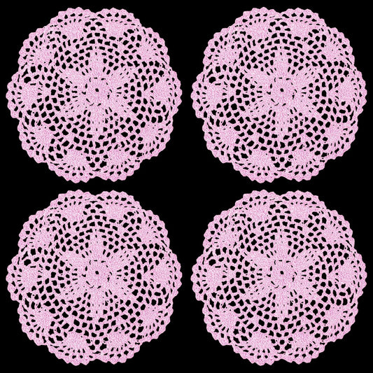 WLLHYF White Vintage Crochet Doilies 8 Inches Round Cotton Handmade Lace Placemats Crafts Tables Food Bulk Doily Cloth Set Corrugated Edge for Wedding Birthday, 4 Pack (Pink)
