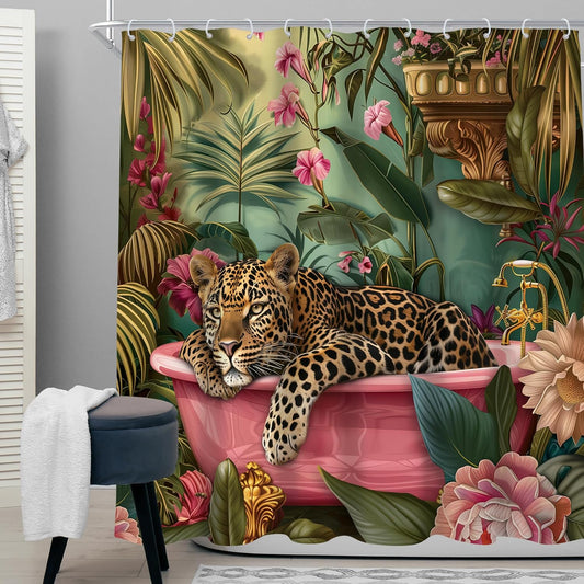Leopard 72Wx72H Shower Curtain Hot Pink Cheetah Wildlife in Bathtub Vintage Jungle Animal Tropical Boho Peony Bathroom Curtain Set Modern Retro Leaves Plant Bath Bathroom Accessories Decor