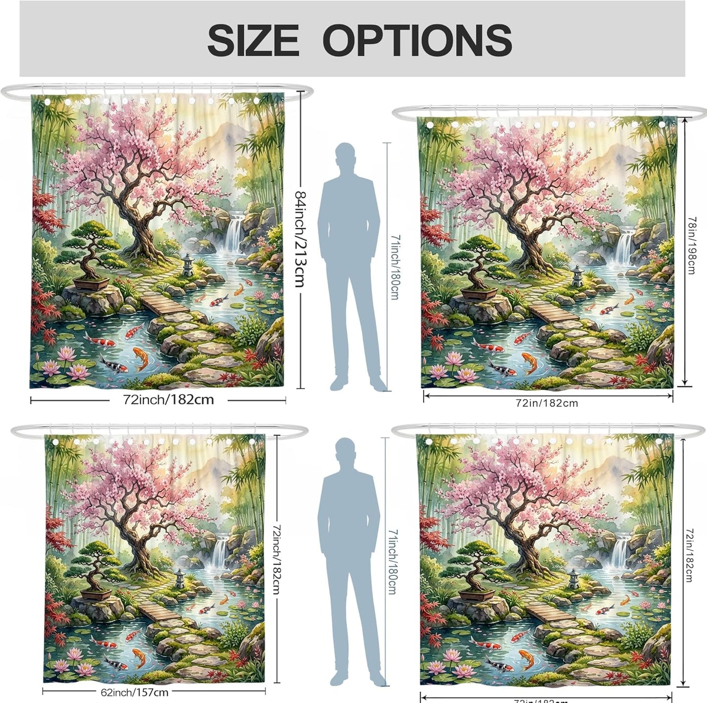 Cherries Blossom Shower Curtain, Zen Nature Carp Fish Bonsai Tree Spring Peach Waterproof Fabric Clawfoot Tub Shower Curtains Decor for Bathroom Guest Room 72x78 Inch
