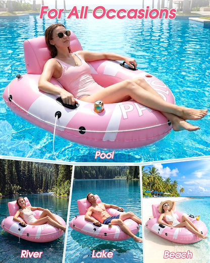 River Tubes for Floating Heavy Duty, 53" Inflatable Pool Floats Adult, Water Tube with Mesh Seat, Full Support Headrest, 2 Cup Holder, 450lb Capacity - Ideal for Pool, River, Lake Float