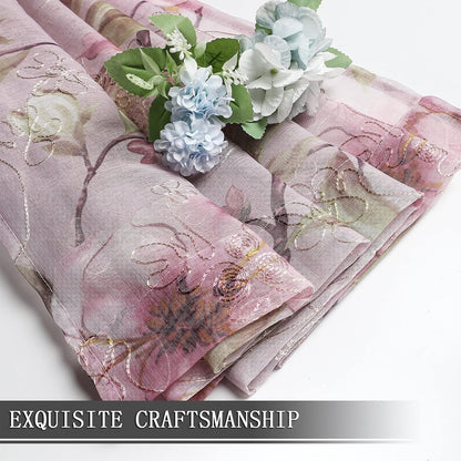 Tollpiz Sheer Valance Pink Flower Leaf Printed Floral Embroidered Bedroom Valance Curtains Sheer Rod Pocket Voile Window Curtain Valances for Living Room, 54 x 16 inches Long, Set of 1 Panel