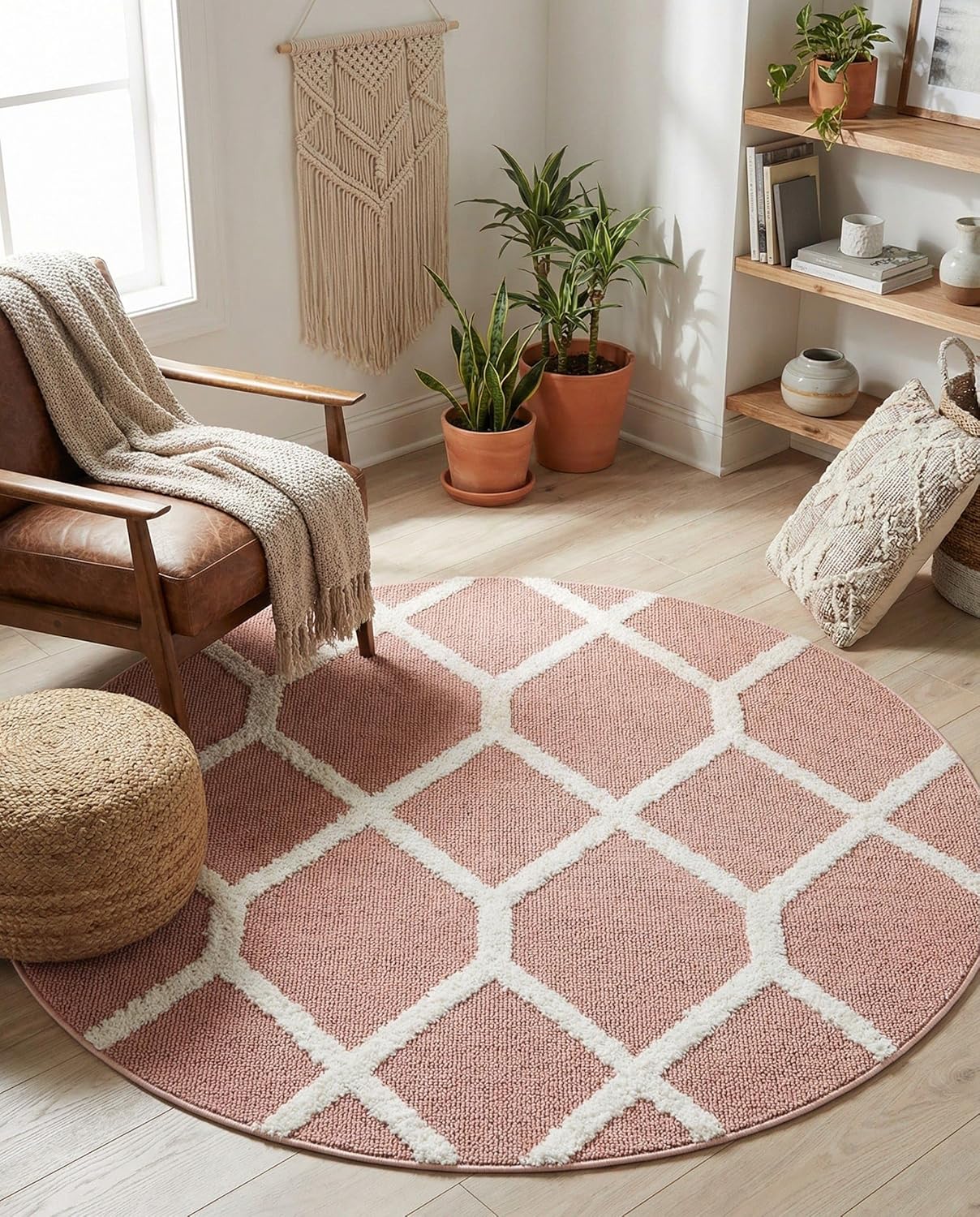 Rugs.com - Boho Rug – 5 Ft Round Pink Easy-Clean Area Rug – Modern Textured Trellis Design, Perfect for Bedrooms, Nurseries, and Playrooms