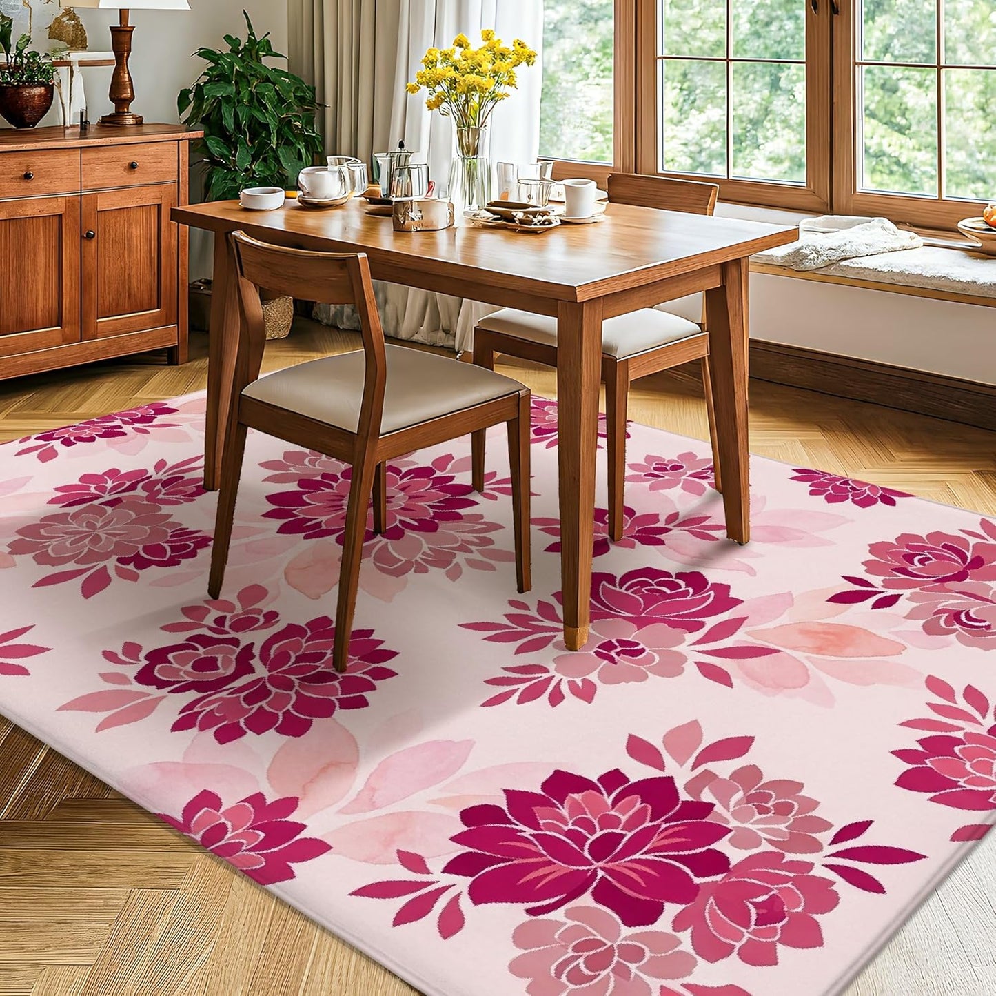 Flower Area Rug, Floral Modern Leaf Petal Spring Peach Low Pile Sponge Aesthetic Rectangle Home Floor Carpet Rugs for Living Room Bedroom Under Table Dining Decor 5' X 7'