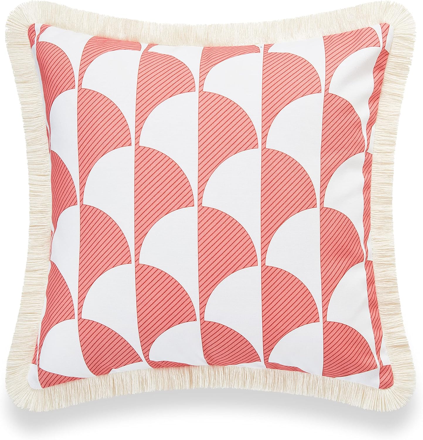 Hofdeco Premium Coastal Patio Indoor Outdoor Pillow Cover Only, 20"x20" Water Resistant for Backyard, Couch, Coral Pink Scale Motif Fringe